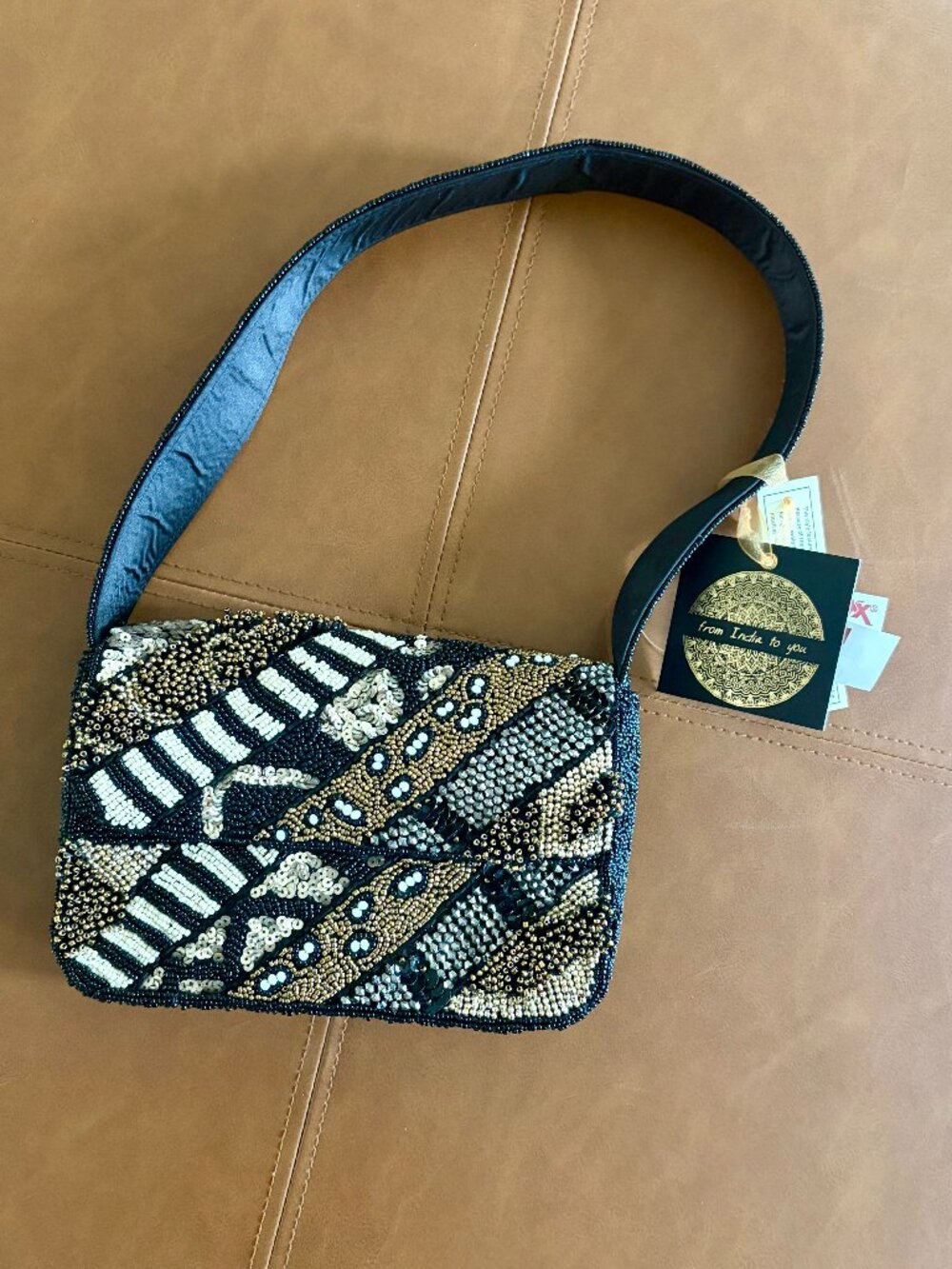 Black Gold Sparkle Geometric From India to You Beaded Shoulder Bag Purse NWT